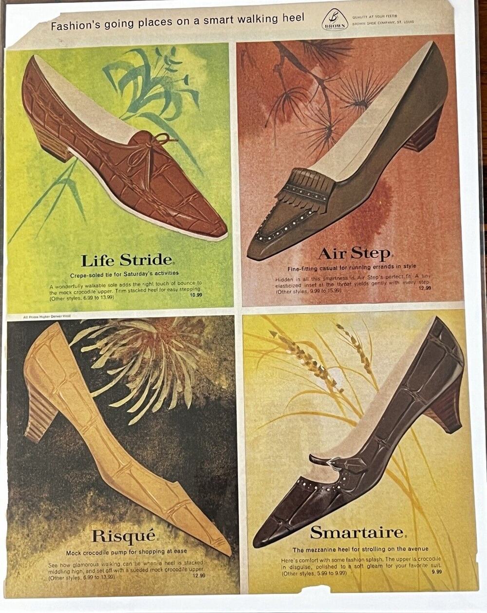 Vtg 1960s Fashion Womens Shoes Print Ad Heels Kitten Pumps Gold Brown Red